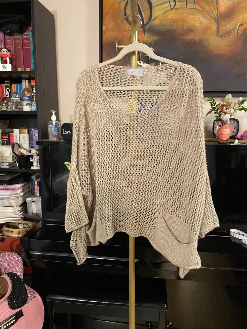 Beige Open-Weave Women's Poncho Sweater